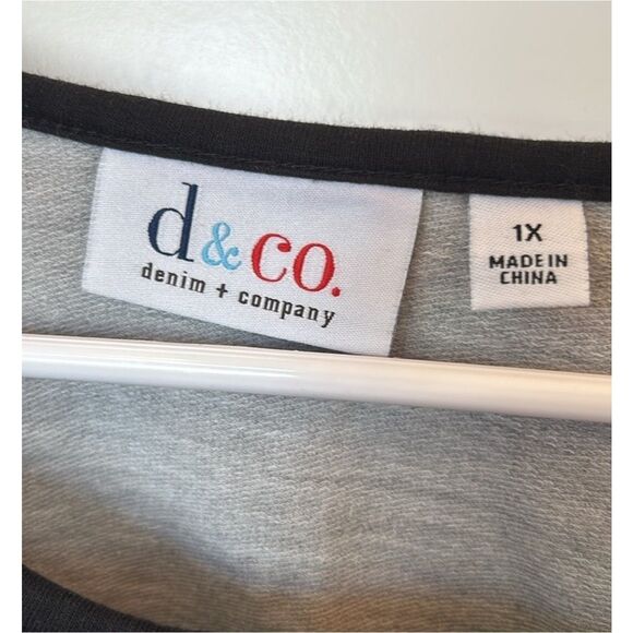 Denim & Co. Active Women's Top 1X Sequin Neckline Accent Contrasting Blue Sleeve - Picture 3 of 3